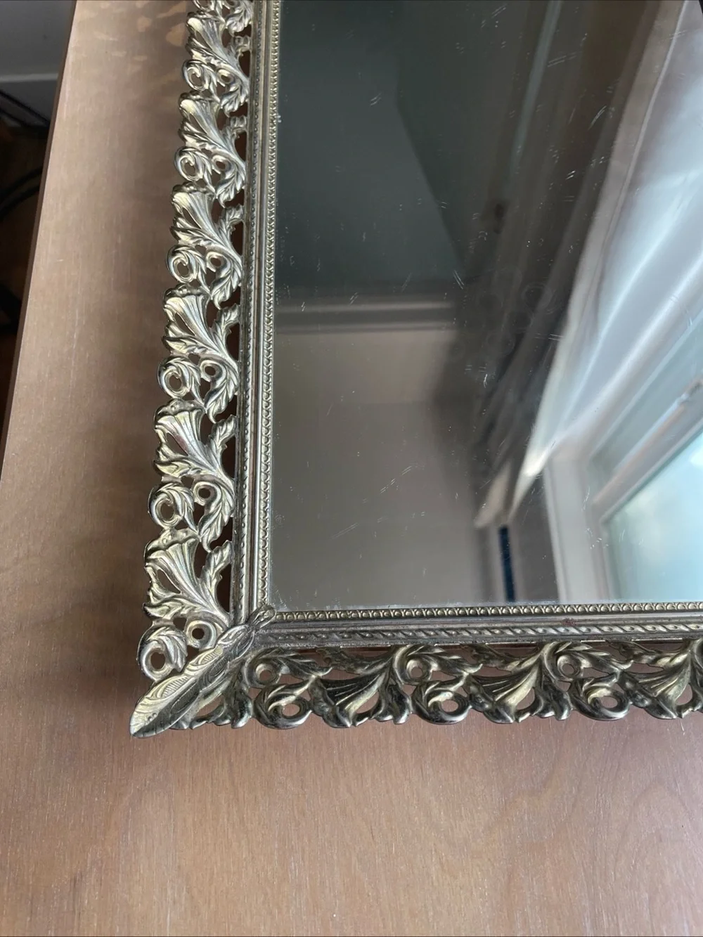 Vintage Brass Gold Filigree Vanity Mirror Tray 15x10” Standing Wall Decor